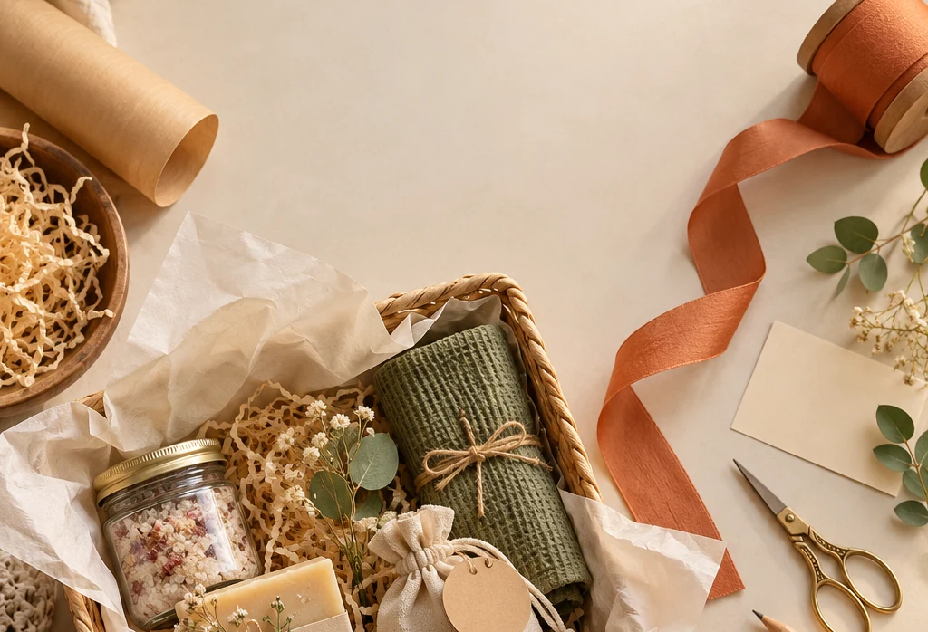 Canasta artesanal con materiales de regalo en tonos cálidos